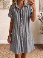 Clearance Sale🔥 Women's Cozy Lapel Classic Striped Cotton Linen Shirt Dress