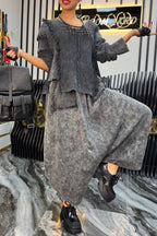 Frayed Knit Top & Drop-Crotch Harem Pants Outfit