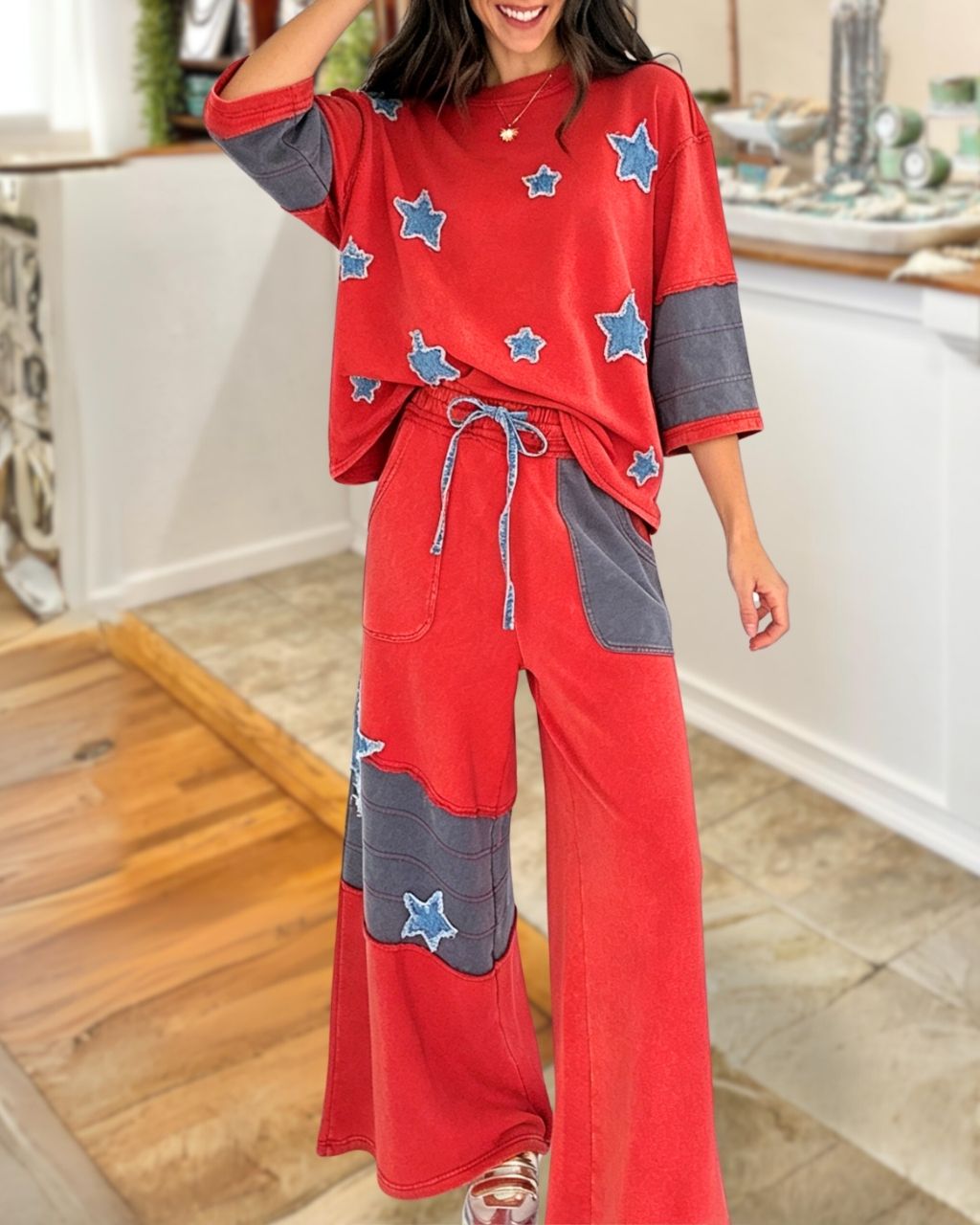 Star-Patch Wide-Leg Pants Set