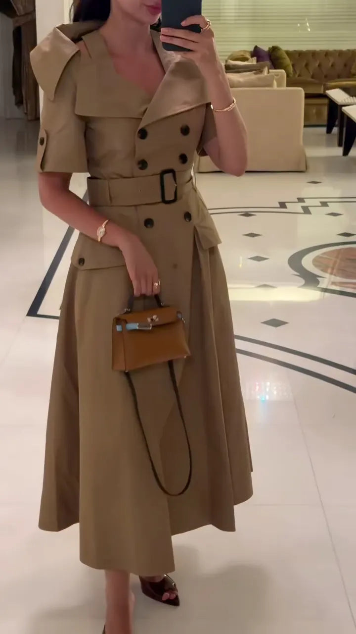 Khaki Trench-Style Midi Dress