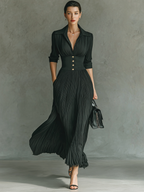Solid Color Pleated Lapel Waist Long Sleeve Maxi Dress