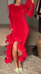 Red Pleated Ruffle Midi Evening Dress