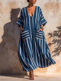 Women's Boho Striped V-Neck Kaftan Maxi Dress with Pockets