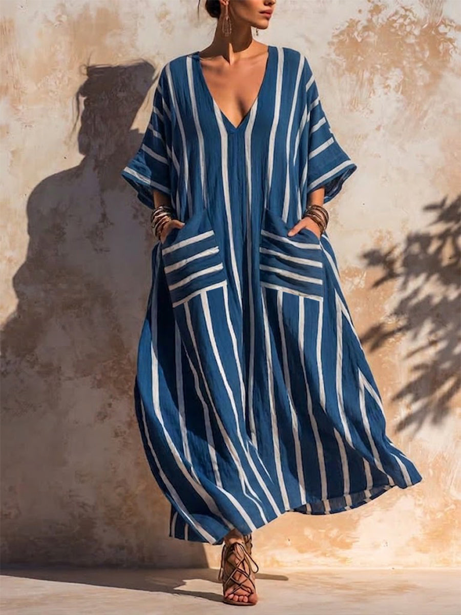 Women's Boho Striped V-Neck Kaftan Maxi Dress with Pockets