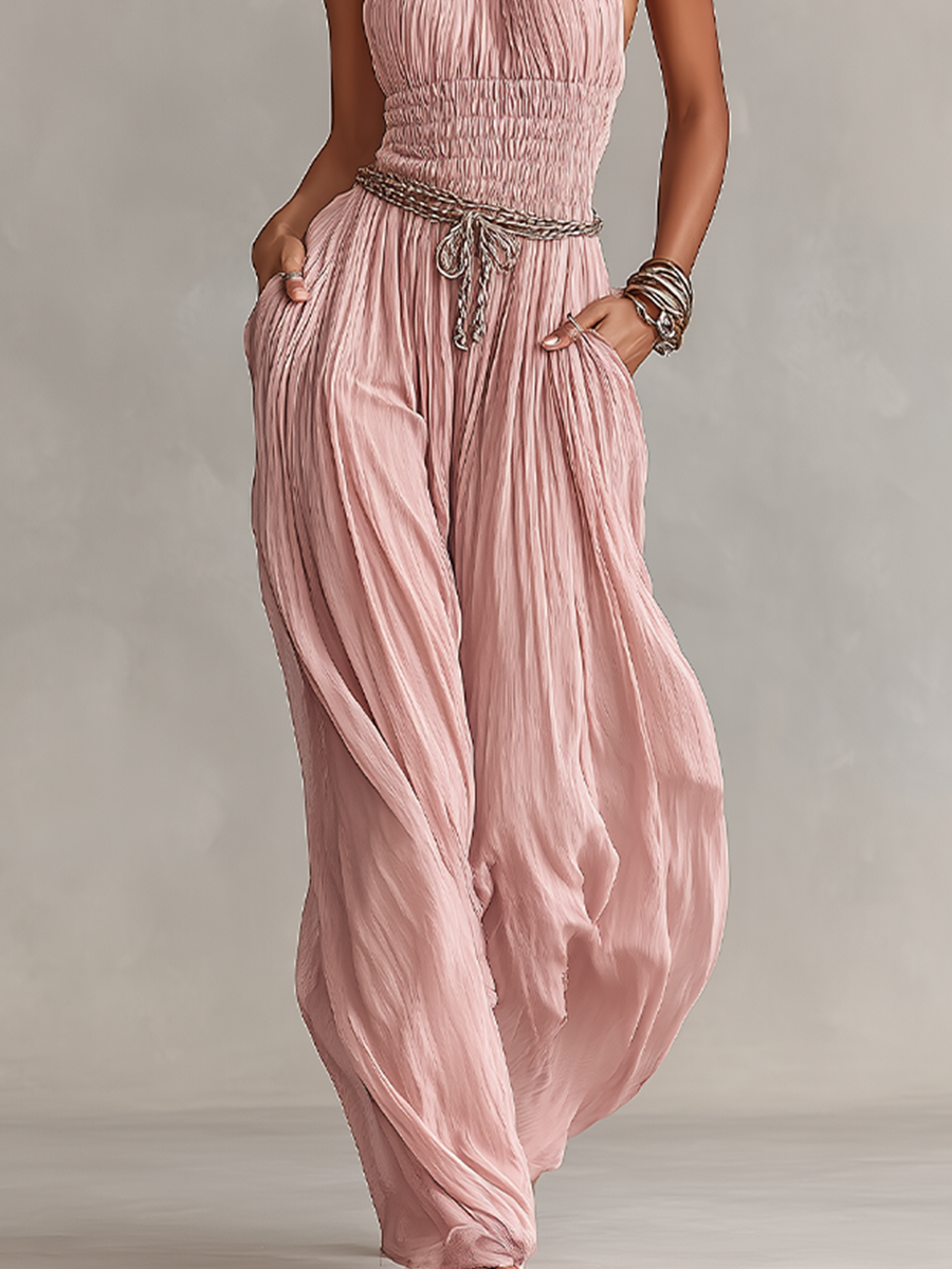 Halter Neck & Ruched Waist Pleated Jumpsuit