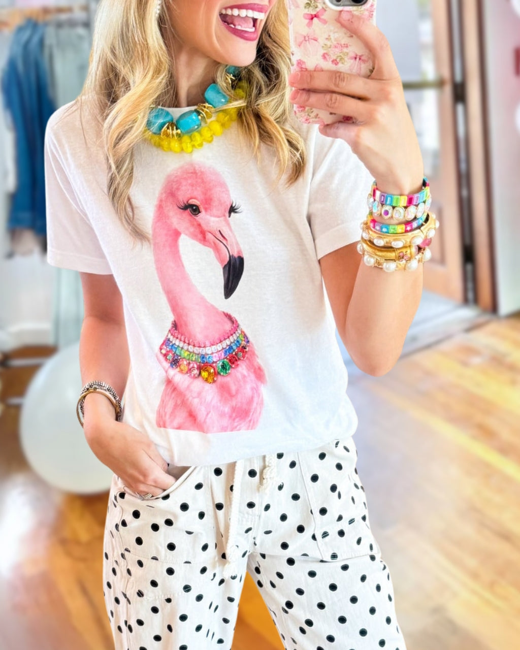 Flamingo Gemstone Necklace Printed Tee