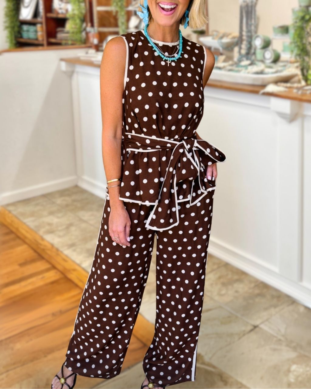 Polka Dot Sleeveless Belted Satin Set