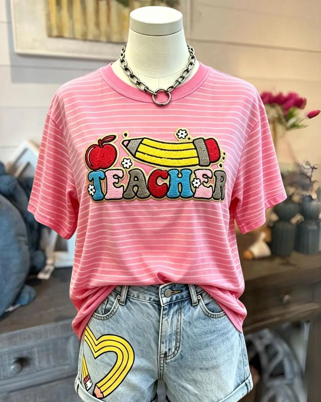 TEACHER Pencil Embroidered Striped Tee