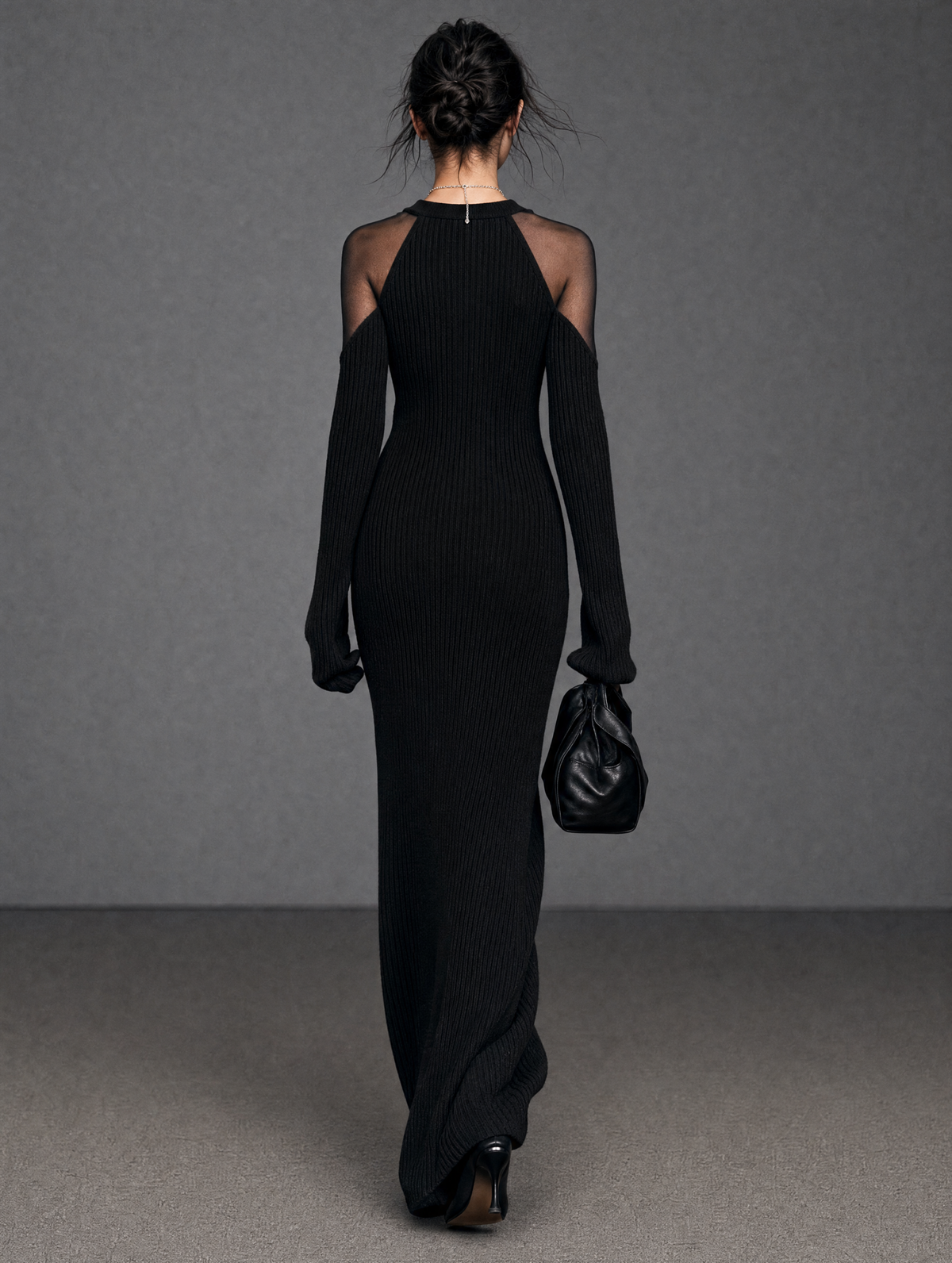 Sheer Panel Long-Sleeve Maxi Dress