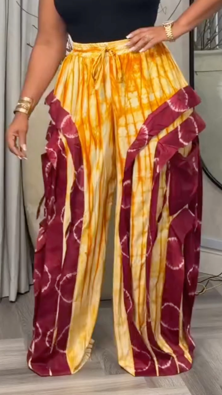 Tie-Dye Patchwork Ruffled Wide Leg Palazzo Pants For Women