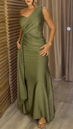 Green One-Shoulder Satin Maxi Gown