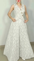 White Floral Lace V-Neck Vest & Wide Leg Pant Two Piece Set