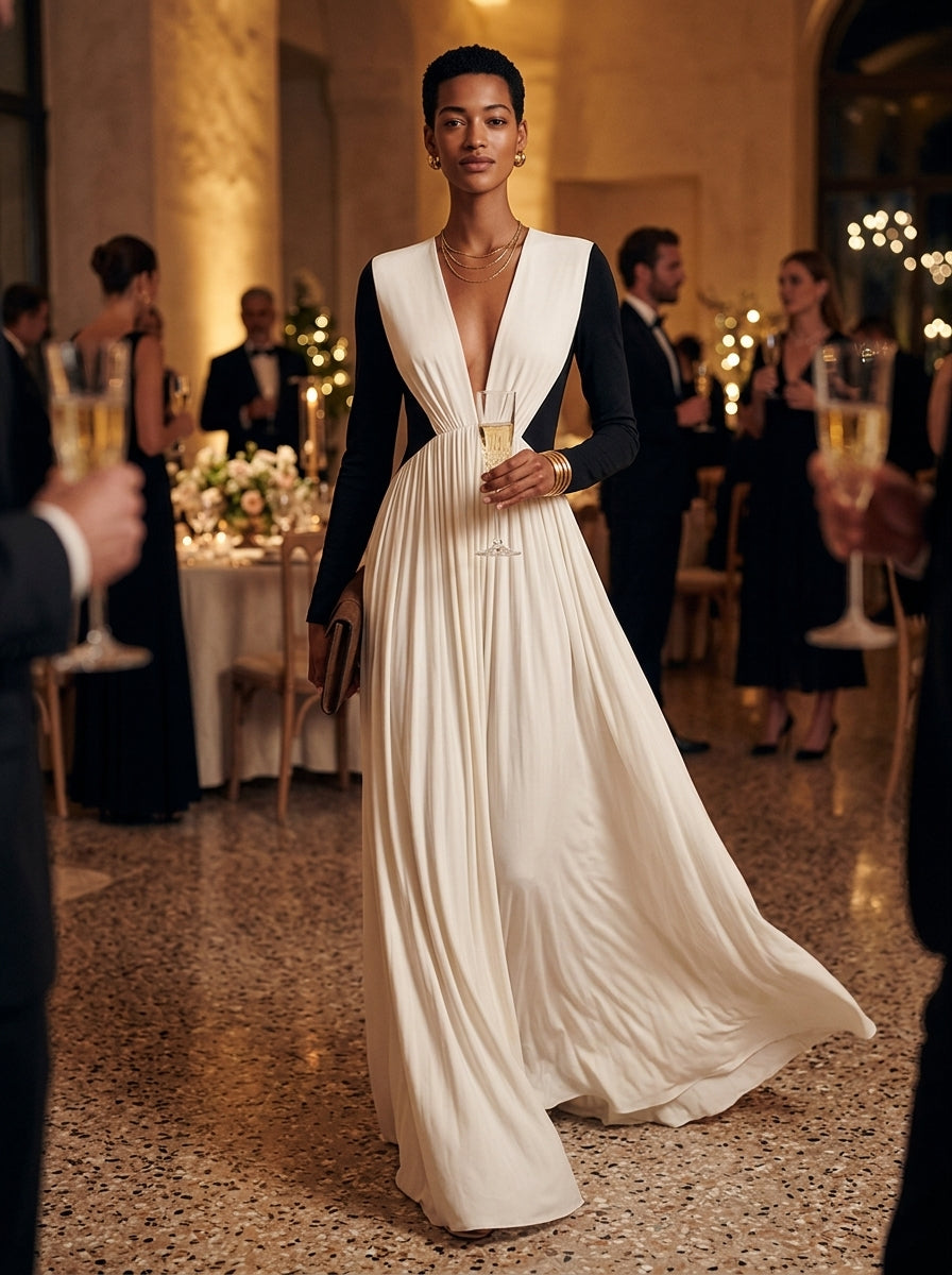 Color-Block Deep V Maxi Dress