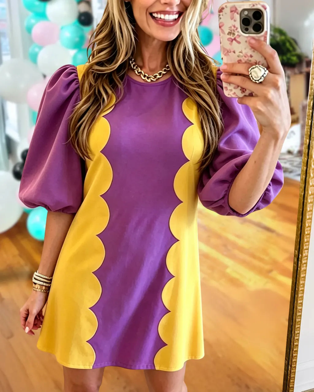 Wave-decorated Puff Sleeve Dress