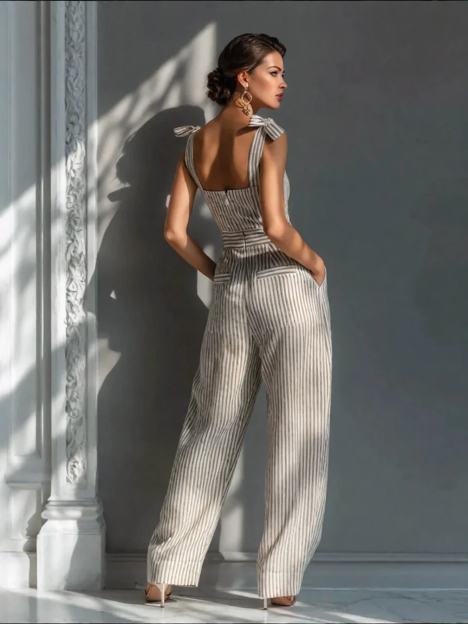 Beige Stripe Linen-Blend Tie-Shoulder Wide-Leg Jumpsuit
