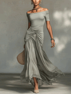 Green Stretch Fabric And Chiffon Maxi Dress