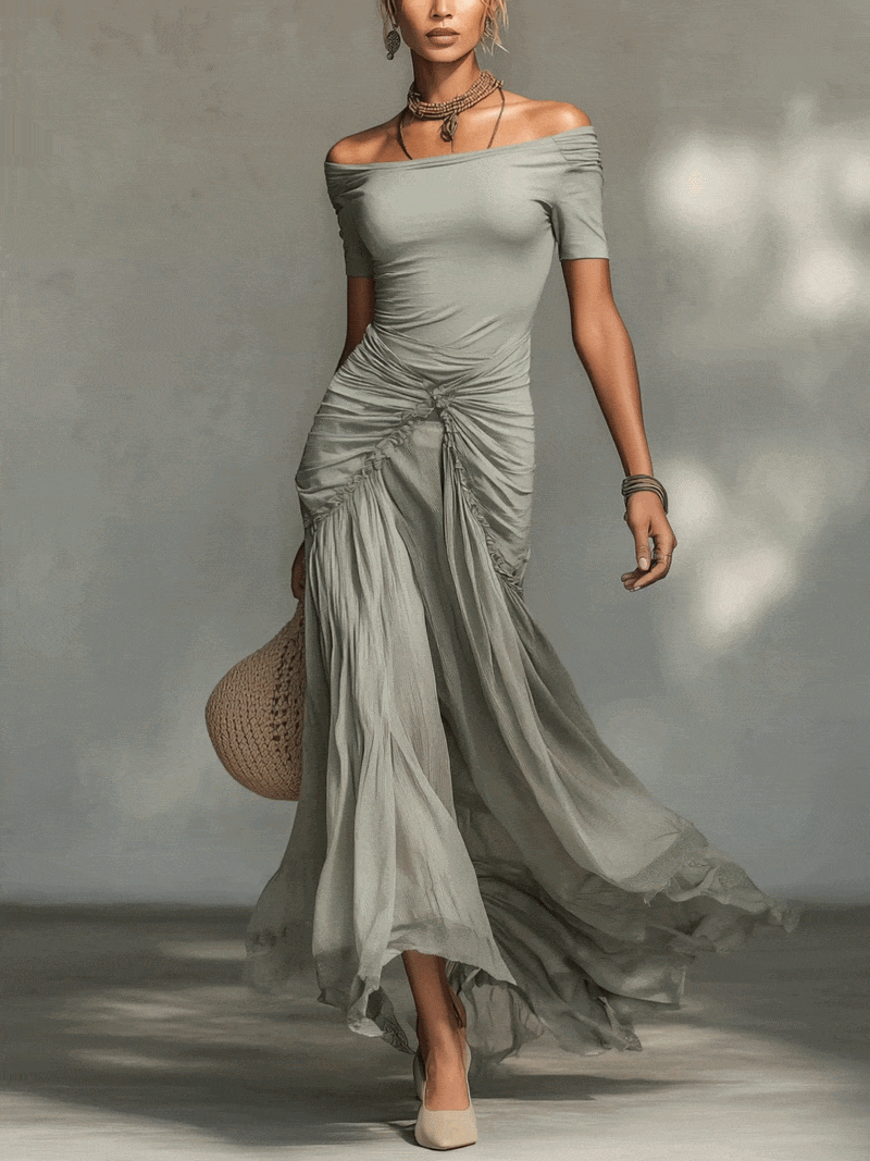 Green Stretch Fabric And Chiffon Maxi Dress