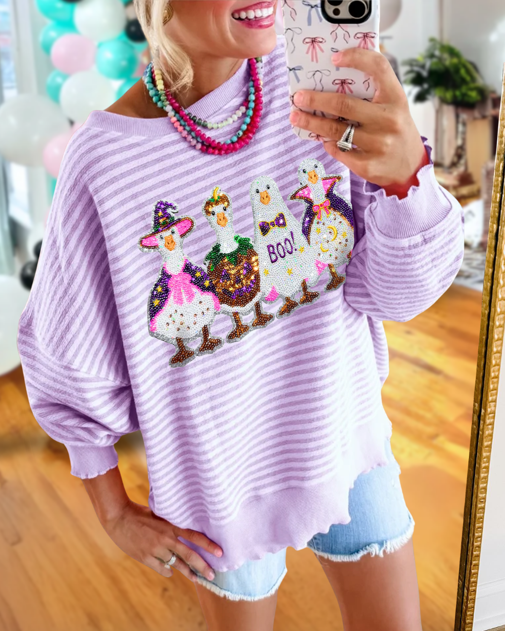 Halloween Duck Sequin Striped Sweatshirt