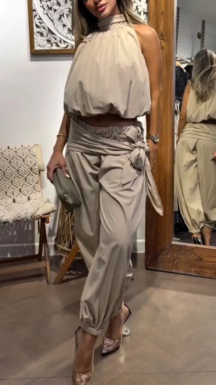 Halter Crop Top & Wrap Tie Harem Pants Two-Piece Set