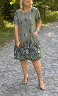 CLEARANCE🔥Women's Round Neck Pocket Tulip Pattern Cotton and Linen Dress