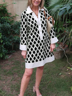 NEW🔥 Diamond Plaid Lace Cutout V Neck Shirt Dress
