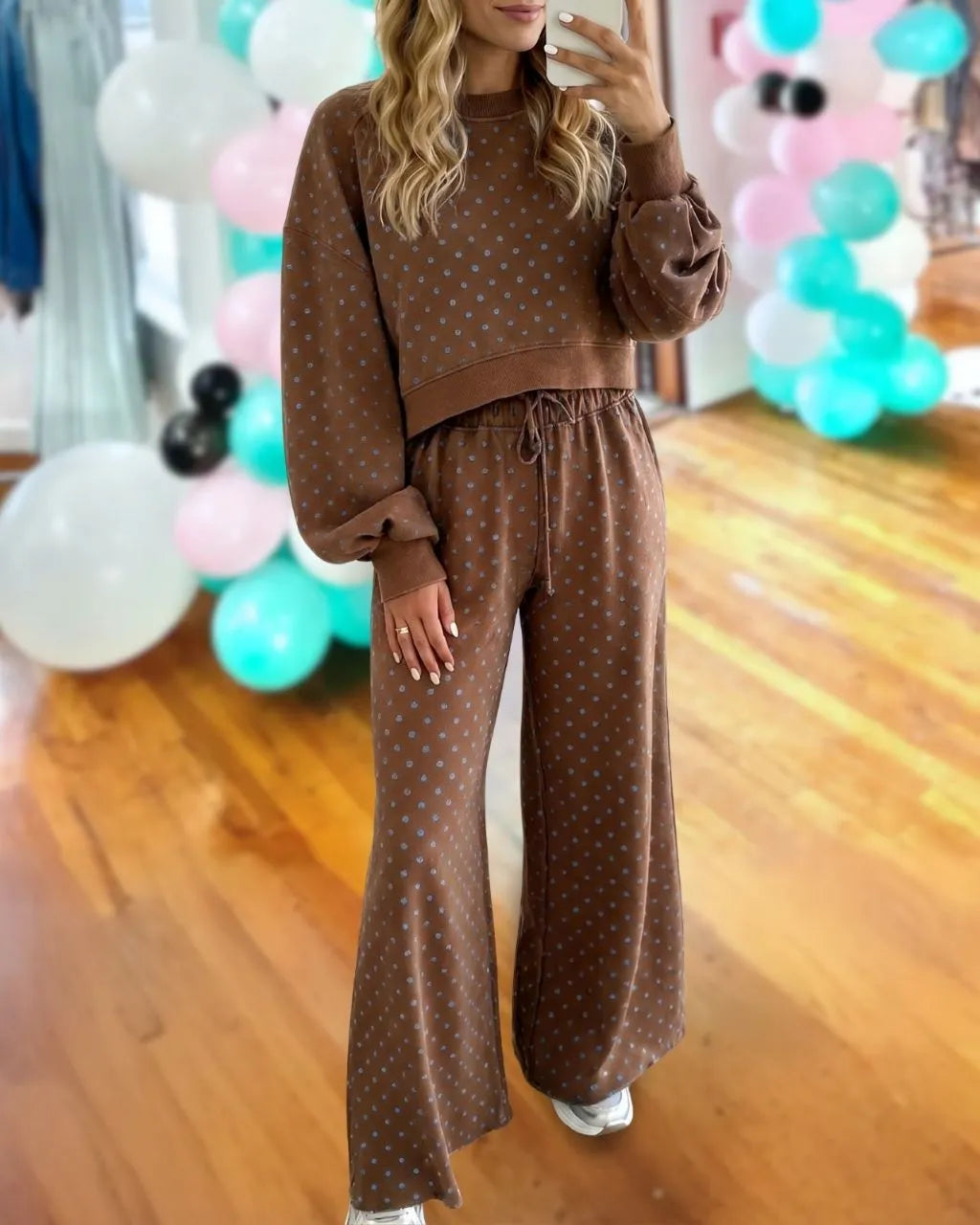 Polka-dot Drawstring Wide-leg Set