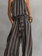 Striped Printed Woven Round Neck Sleeveless Top Paired With Trousers Set