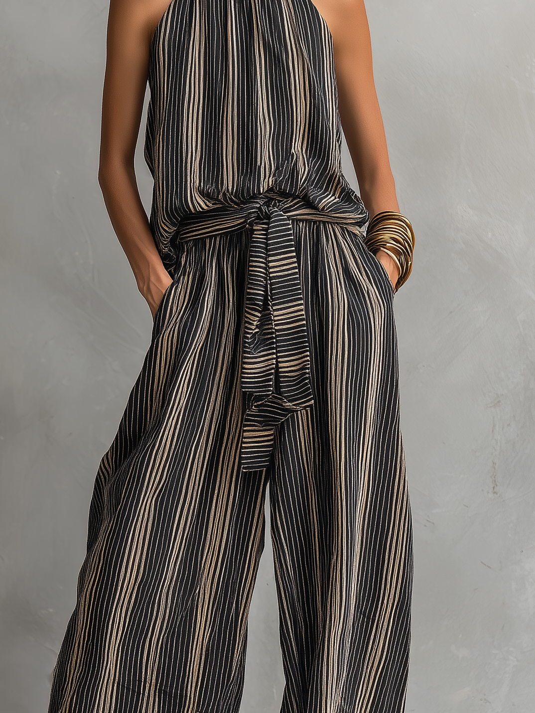 Striped Printed Woven Round Neck Sleeveless Top Paired With Trousers Set