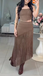 Studded Crop Top Fringe Skirt Two Piece Set