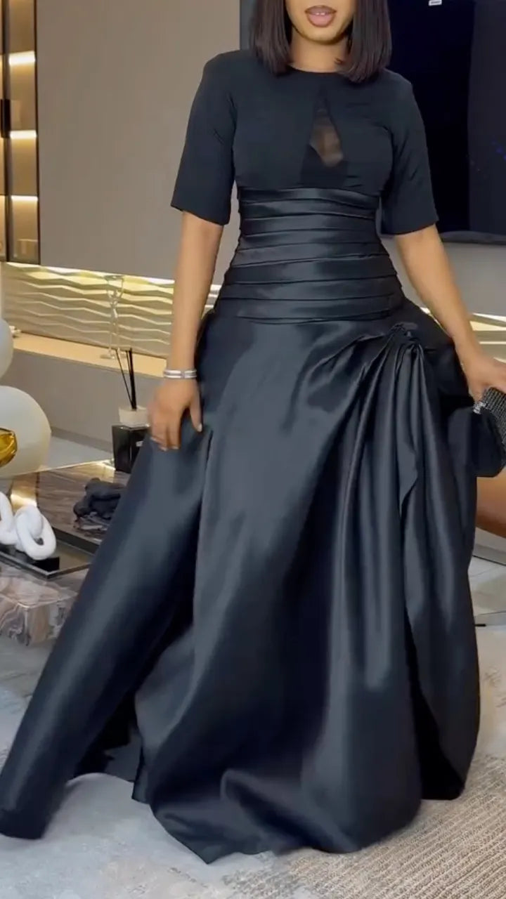 Black Satin Mix-Fabric High Slit Maxi Gown