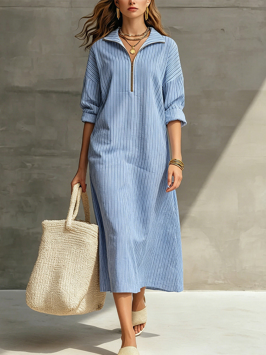 Women's Striped Elegant Art Zip Casual Cotton Linen Dress