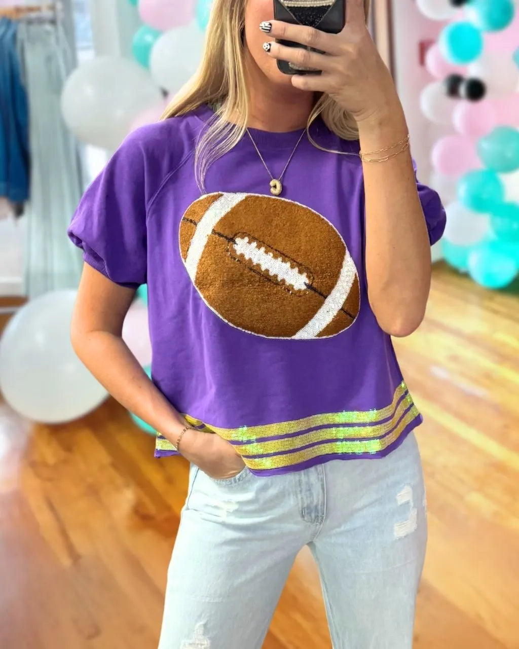 Football Embroidery Sequin-Trim T-Shirt