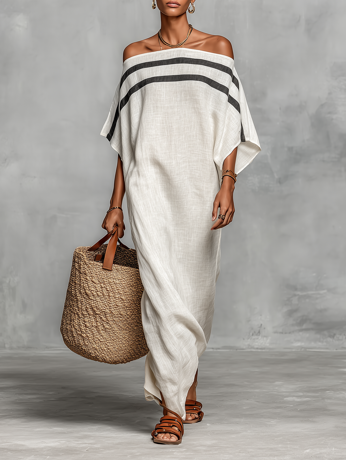 Minimalist Linen-Blend Off-Shoulder Batwing Maxi Dress