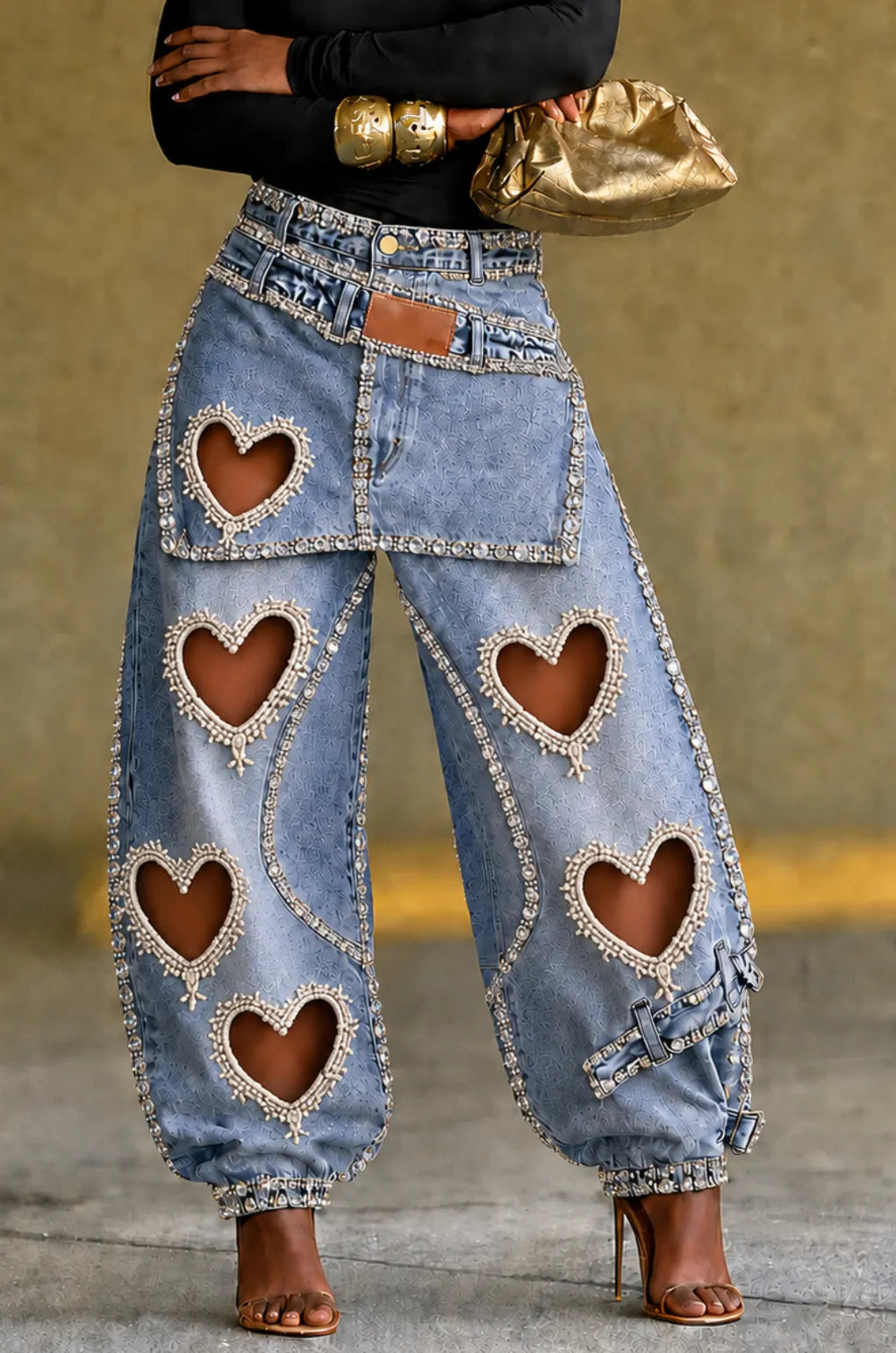 Women’s Y2K Heavy-Detailed Rhinestone Faux Two-Piece Jeans