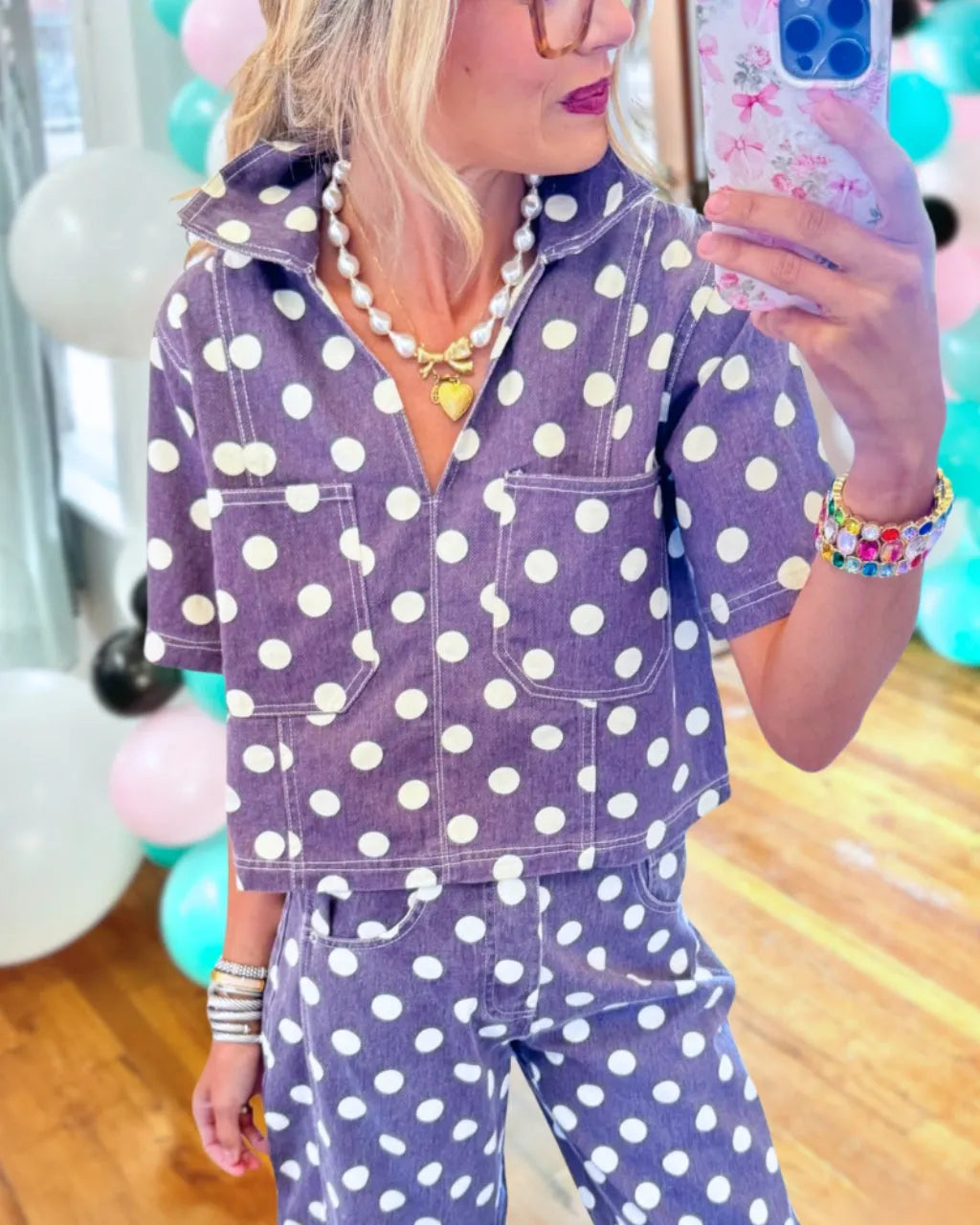 Polka Dot Washed Denim Collared Top