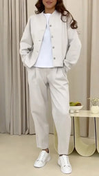 Beige Stand Collar Cropped Jacket & Pleated Ankle Pant Two Piece Suit
