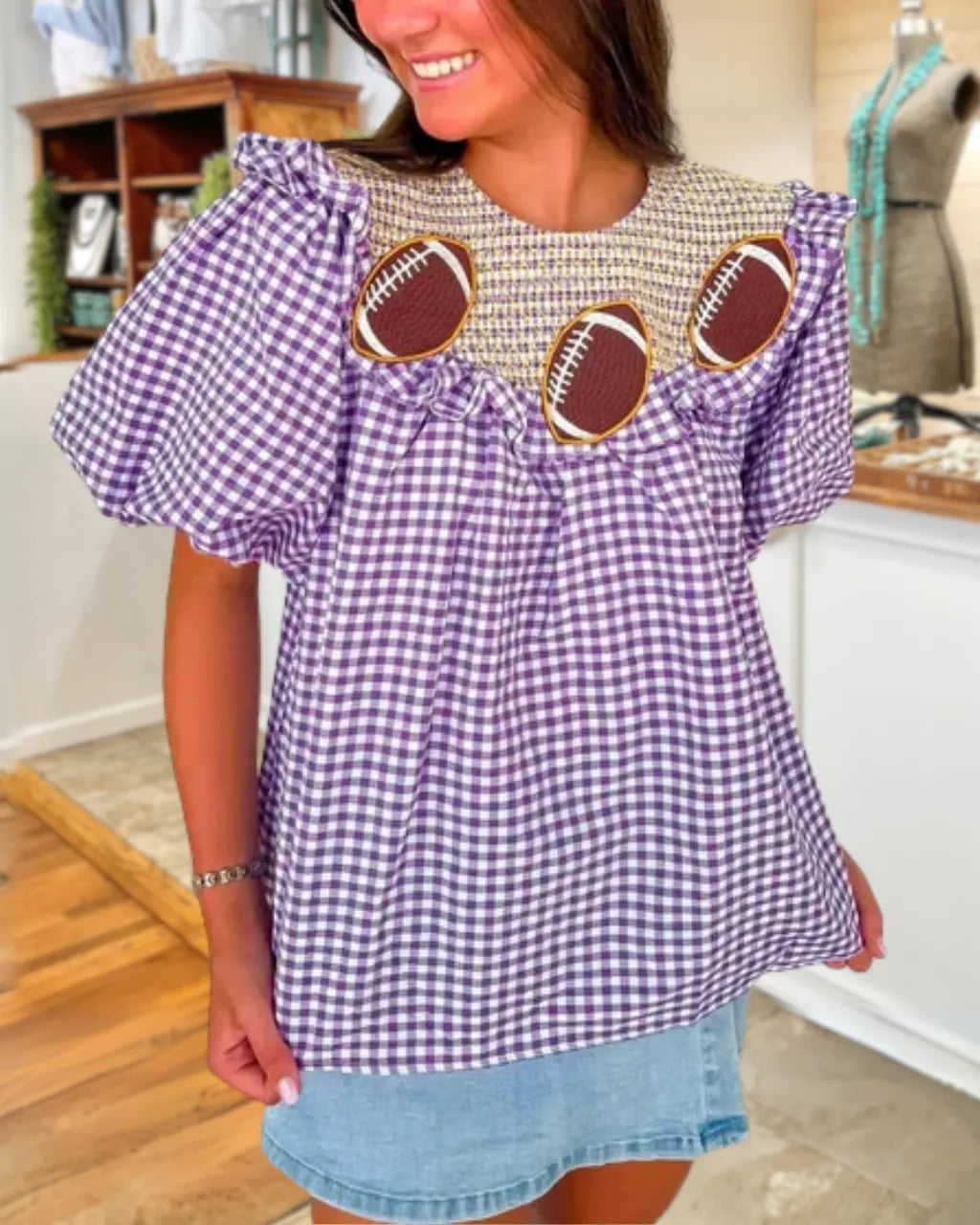 Game Day Plaid Embroidered Pleated T-shirt