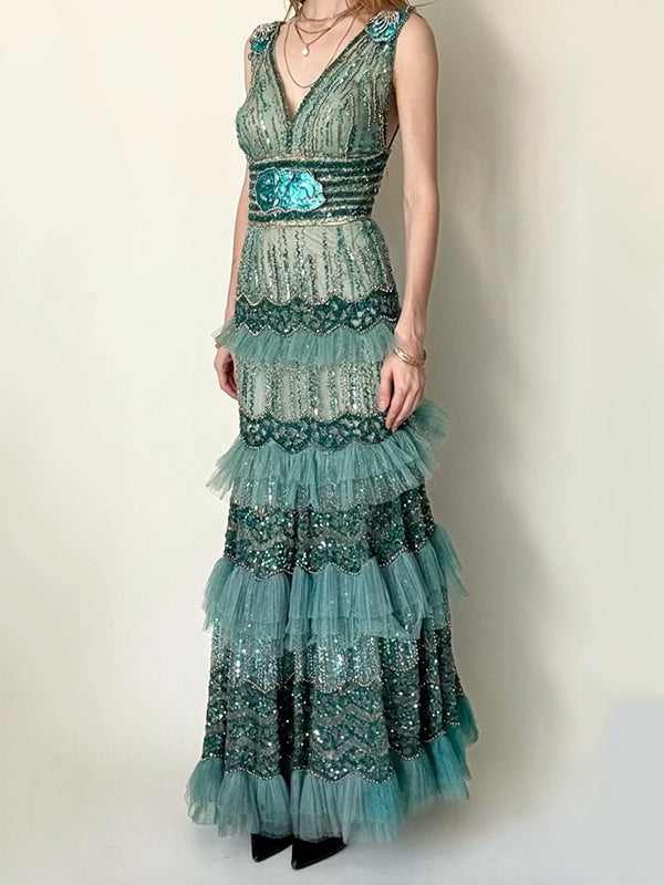 Sequinned Flower Sleeveless Sleeveless V-Neck Wrap Ruffled Maxi Dresses Fairytale Dress