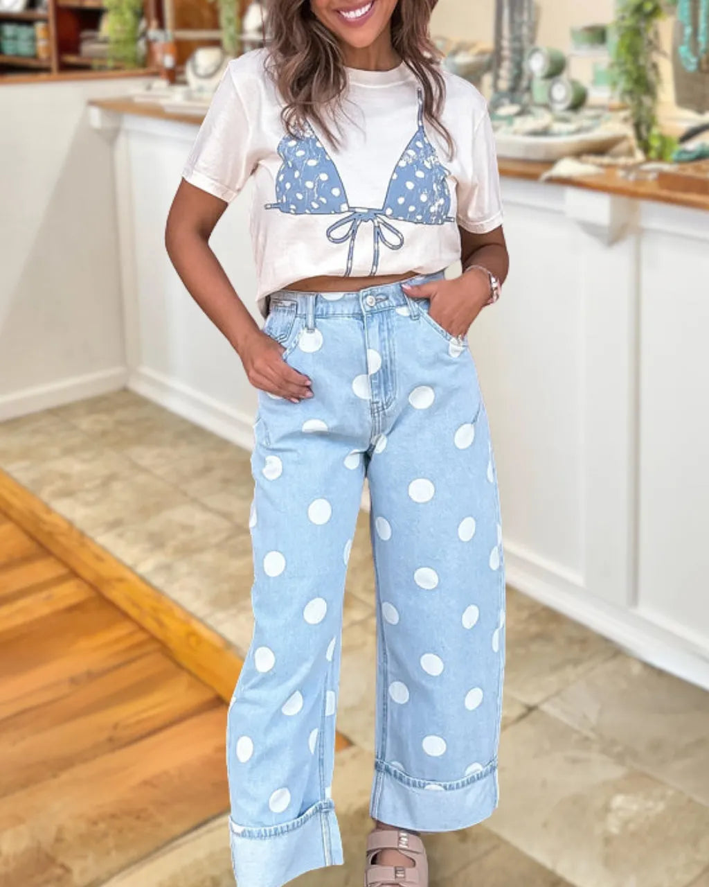 Simple Polka dot Denim Pants