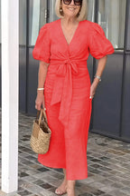 CLEARANCE🔥 V Neck Tie Puff Sleeve Cotton Dress- Tax Free