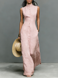 Stand-Collar Linen Maxi Dress
