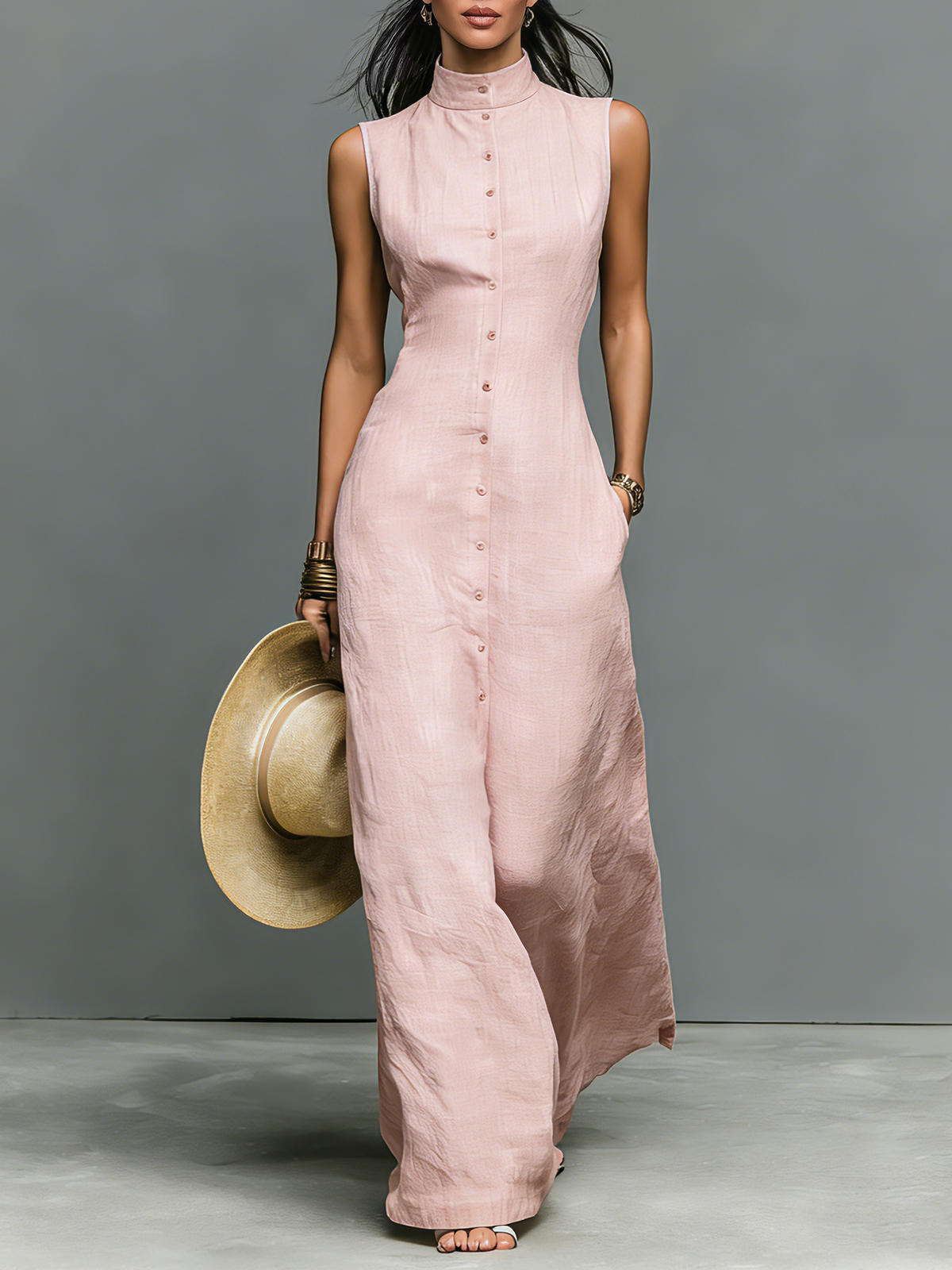 Stand-Collar Linen Maxi Dress