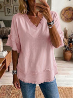 CLEARANCE SALE✨Vintage Frayed V Neck Linen Top