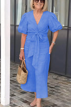 CLEARANCE🔥 V Neck Tie Puff Sleeve Cotton Dress- Tax Free