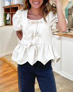 Square Neck Puff Sleeve Peplum Top