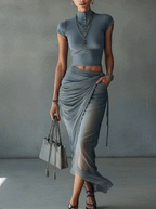 Blue Cropped T-Shirt and Sheer Mesh Draped Skirt Set