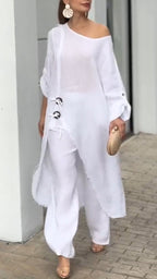 Traje informal irregular de algodón y lino con cuello redondo para mujer