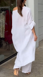 Traje informal irregular de algodón y lino con cuello redondo para mujer