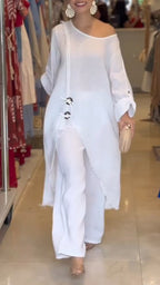 Traje informal irregular de algodón y lino con cuello redondo para mujer