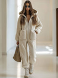 Casual Loose Vintage Polar Fleece Pocket Zipper Hooded Jumpsuit